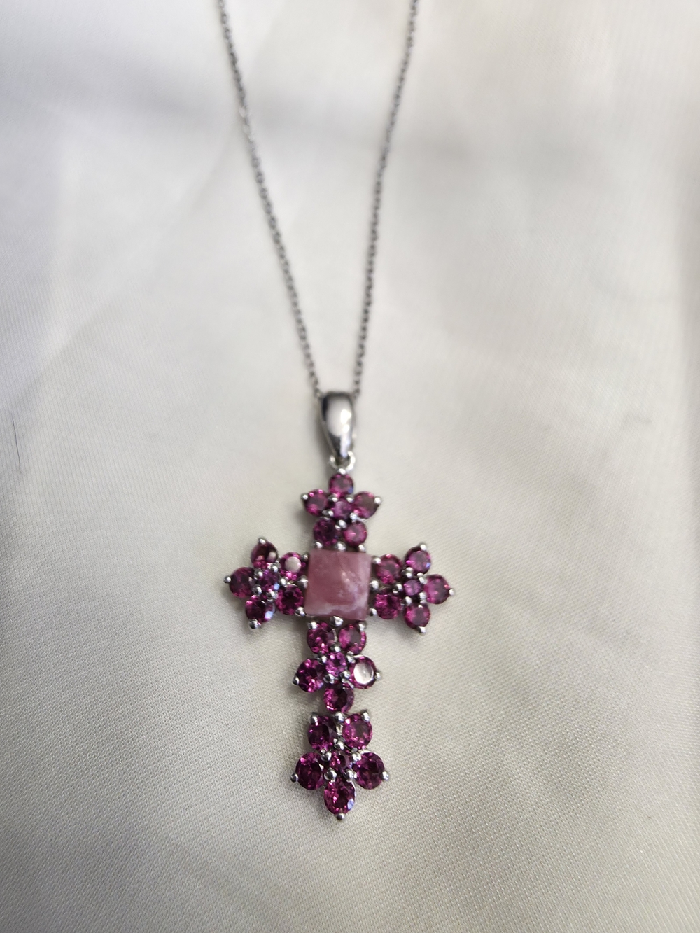 Rhodolite Garnet With  Rhodochrosite Centerstone Cross Pendant With SS Chain